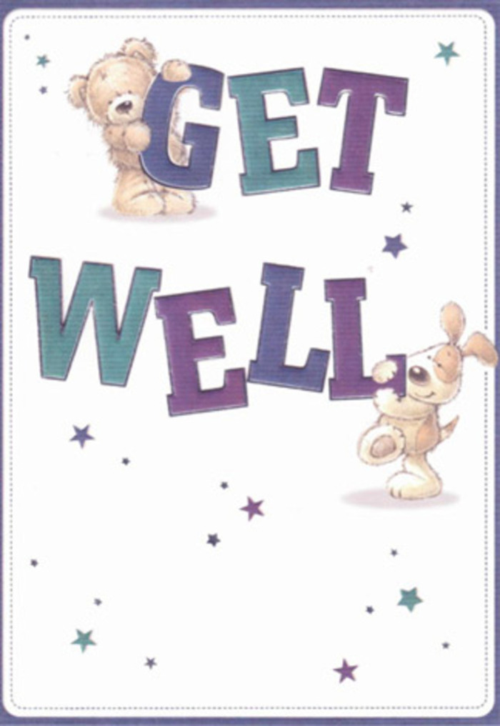 This get well card radiates gentle encouragement-an illustrated embrace from Colney Hatch, as if a thoughtful florist had arranged it for a dear neighbour. A friendly brown bear and a floppy-eared puppy are at the centre, their plush forms rendered in soft brushstrokes that make the scene almost tangible, promising the comfort of a familiar hug. Scattered pastel-blue and purple stars dance above and around them, infusing the design with an airy sense of magic and positivity. Bold letters spelling 'GET WELL' are shaded in gradients of deep indigo and teal, each character filled with dynamic energy that echoes the card's gentle purpose. The creamy backdrop feels as clean and bright as a freshly opened shop near Alexandra Park, while the detailing in fur and facial expressions brings the artwork alive with empathy and hope. There's a tactile quality here that reminds one of arranging blooms by touch and intuition-considering petal softness, harmonising each note of scent and shade for maximum comfort. The entire card becomes a celebration of heartfelt care, perfect to send alongside a bouquet from Florist Colney Hatch, extending those same feelings of positivity and healing across the neighbourhood.