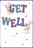 The spirit of Colney Hatch's close-knit warmth comes alive in this joyful get well card, where two delightful friends-a teddy bear and a floppy-eared pup-playfully hold and balance the vibrant, oversized letters of 'GET WELL.' Their soft, rounded shapes and the glistening cream-white background create an inviting, sunlit atmosphere, much like the feeling of receiving fresh blooms from a local florist's morning delivery. Indigo and teal hues lend the bold message a gentle brilliance, while twinkling stars in matching shades scatter above, casting simple wishes of recovery and hope. The fine details-the bear's fuzzy texture and the puppy's velvety ears-evoke the same tactile reassurance as the petals and leaves in an artfully designed bouquet. There's a comforting innocence in the scene, one that brings a smile and a sense of shared kindness-reflecting the genuine care found in Colney Hatch's community. This card offers more than words; it's a small, illustrated token of encouragement, crafted to accompany a thoughtful get well flower arrangement and deliver bright optimism to anyone on the mend.